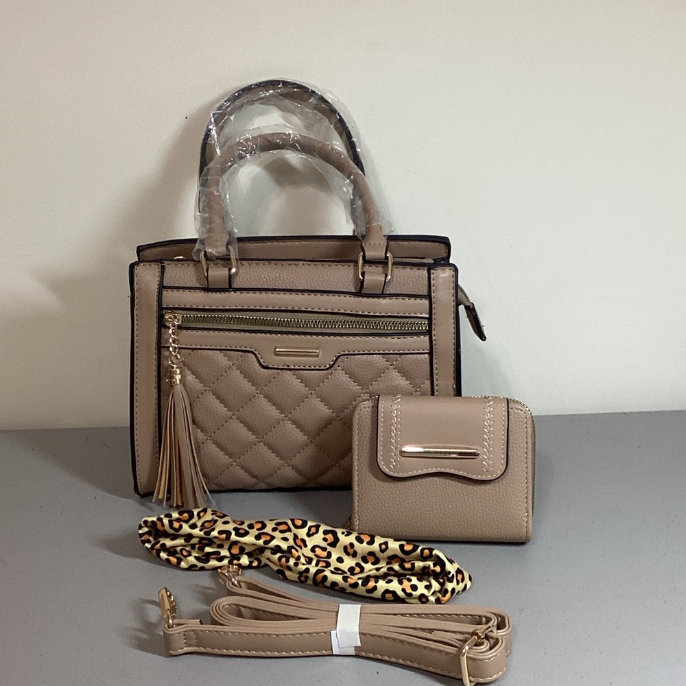 Beige Quilted Satchel Handbag with Wallet and Strap